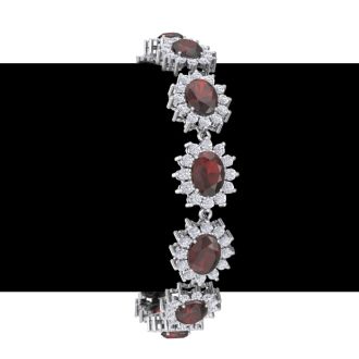Garnet Bracelet: Garnet Jewelry: 24 Carat Oval Shape Garnet and Halo Diamond Bracelet In 14 Karat White Gold, 7 Inches