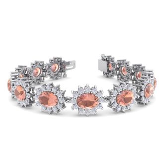 19 Carat Oval Shape Morganite Bracelet With Diamond Halo In 14 Karat White Gold, 7 Inches