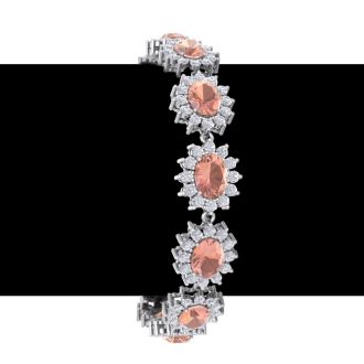 19 Carat Oval Shape Morganite Bracelet With Diamond Halo In 14 Karat White Gold, 7 Inches