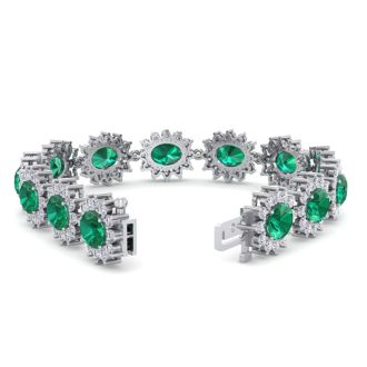19 Carat Oval Shape Emerald and Halo Diamond Bracelet In 14 Karat White Gold, 7 Inches