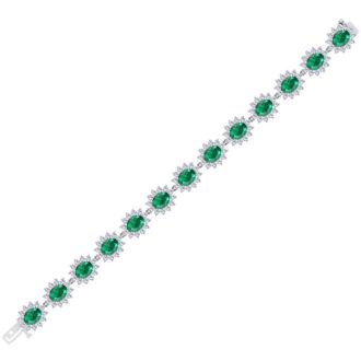 19 Carat Oval Shape Emerald and Halo Diamond Bracelet In 14 Karat White Gold, 7 Inches