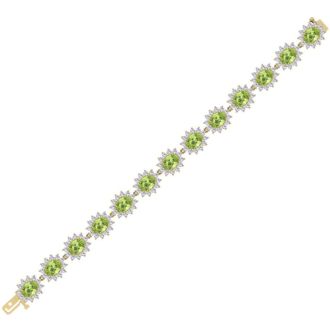 22 Carat Oval Shape Peridot and Halo Diamond Bracelet In 14 Karat Yellow Gold, 7 Inches