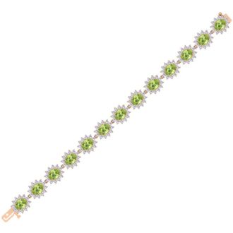 22 Carat Oval Shape Peridot and Halo Diamond Bracelet In 14 Karat Rose Gold, 7 Inches