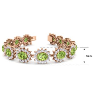 22 Carat Oval Shape Peridot and Halo Diamond Bracelet In 14 Karat Rose Gold, 7 Inches