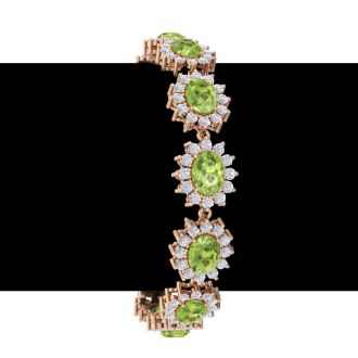 22 Carat Oval Shape Peridot and Halo Diamond Bracelet In 14 Karat Rose Gold, 7 Inches