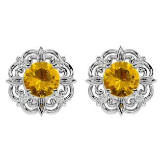 1 1/2 Carat Citrine and Diamond Antique Stud Earrings In 14 Karat White Gold