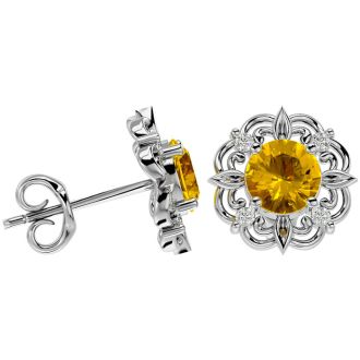 1 1/2 Carat Citrine and Diamond Antique Stud Earrings In 14 Karat White Gold