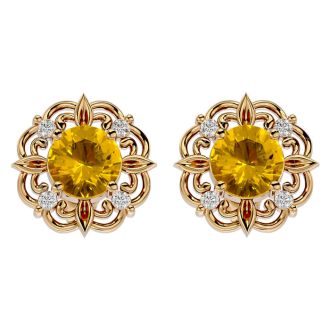 1 1/2 Carat Citrine and Diamond Antique Stud Earrings In 14 Karat Yellow Gold