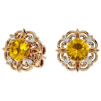 1 1/2 Carat Citrine and Diamond Antique Stud Earrings In 14 Karat Yellow Gold