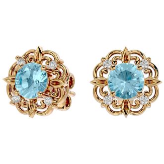 Aquamarine Earrings: Aquamarine Jewelry: 1 1/2 Carat Aquamarine and Diamond Antique Stud Earrings In 14 Karat Yellow Gold