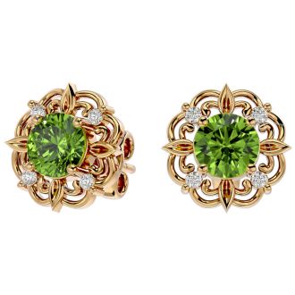 1 3/4 Carat Peridot and Diamond Antique Stud Earrings In 14 Karat Yellow Gold
