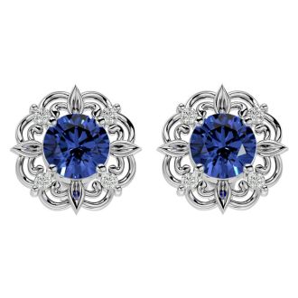 1 3/4 Carat Tanzanite and Diamond Antique Stud Earrings In 14 Karat White Gold