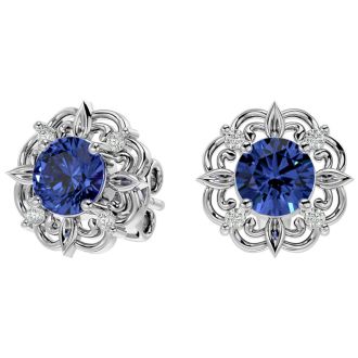 1 3/4 Carat Tanzanite and Diamond Antique Stud Earrings In 14 Karat White Gold