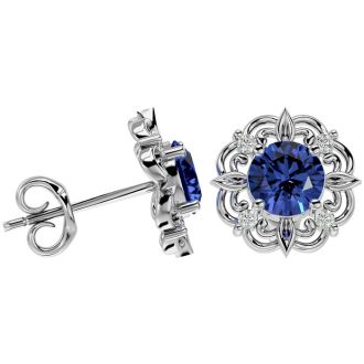 1 3/4 Carat Tanzanite and Diamond Antique Stud Earrings In 14 Karat White Gold