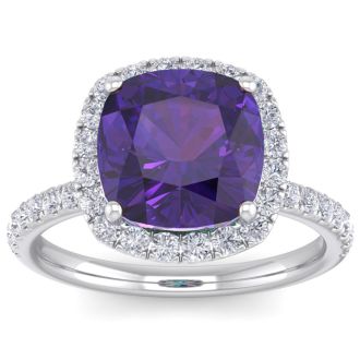 Amethyst Ring: 5 1/2 Carat Cushion Cut Amethyst and Halo Diamond Ring In Sterling Silver