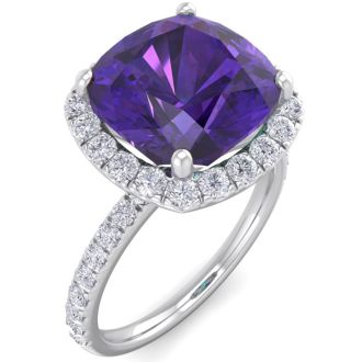Amethyst Ring: 5 1/2 Carat Cushion Cut Amethyst and Halo Diamond Ring In Sterling Silver