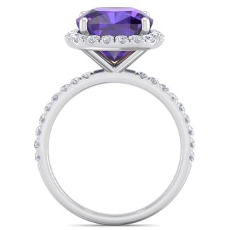 Amethyst Ring: 5 1/2 Carat Cushion Cut Amethyst and Halo Diamond Ring In Sterling Silver