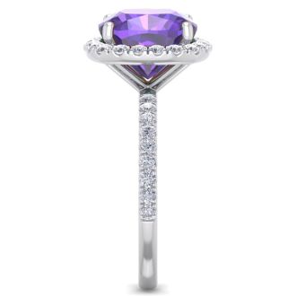 Amethyst Ring: 5 1/2 Carat Cushion Cut Amethyst and Halo Diamond Ring In Sterling Silver