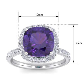 Amethyst Ring: 5 1/2 Carat Cushion Cut Amethyst and Halo Diamond Ring In Sterling Silver