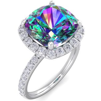 Mystic Topaz Ring: 5 1/2 Carat Cushion Cut Mystic Topaz and Halo Diamond Ring In Sterling Silver