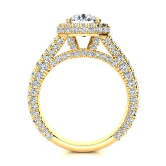 3 1/2 Carat Cushion Cut Lab Grown Diamond Halo Engagement Ring In 14K Yellow Gold