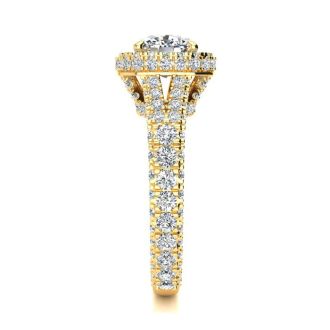 3 1/2 Carat Cushion Cut Lab Grown Diamond Halo Engagement Ring In 14K Yellow Gold
