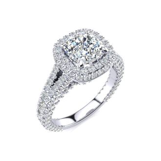 3 1/2 Carat Cushion Cut Lab Grown Diamond Halo Engagement Ring In 14K White Gold
