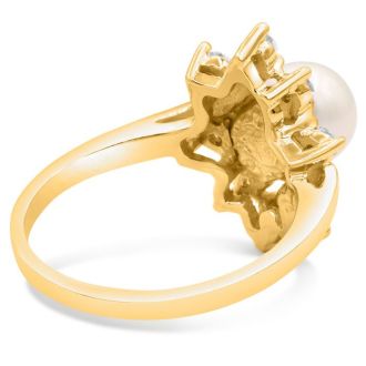Round Freshwater Cultured Pearl and Halo Diamond Ring In 14 Karat Yellow Gold
