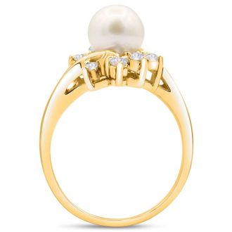 Round Freshwater Cultured Pearl and Halo Diamond Ring In 14 Karat Yellow Gold