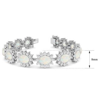 Opal Bracelet With 14 1/4 Carats of Oval Shape Opals and Diamonds In 14 Karat White Gold, 7 Inches