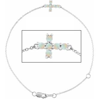 Opal Bracelet With Sideways Cross In Sterling Silver, 7 1/2 Inches