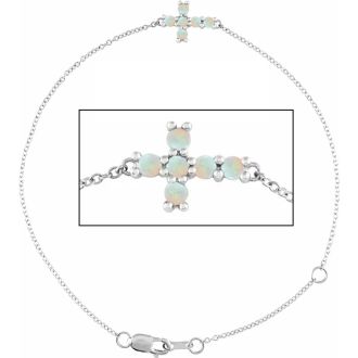Opal Bracelet With Sideways Cross In 14K White Gold, 7 1/2 Inches
