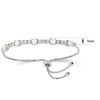 Opal Bracelet With CZ Accents In Sterling Silver With Adjustable Bolo Chain 7-10 Inches