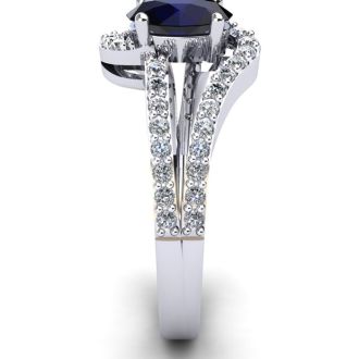 Sapphire Ring: 1.40 Carat Oval Shape Blue Sapphire and Fancy Diamond Ring In Sterling Silver
