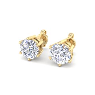 1 Carat Lab Grown Diamond Earrings In 14 Karat Yellow Gold, 6-Prong Setting