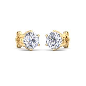 1 Carat Lab Grown Diamond Earrings In 14 Karat Yellow Gold, 6-Prong Setting