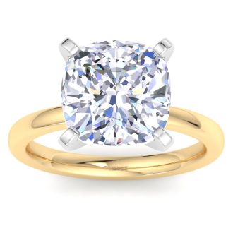5 Carat Cushion Cut Lab Grown Diamond Ring In 14K Yellow Gold, Solitaire