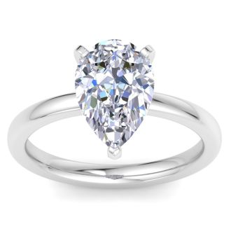 3 Carat Pear Shape Lab Grown Diamond Ring In 14K White Gold, Solitaire