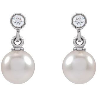 Pearl Drop Earrings With 5MM Akoya Pearls and Diamonds In 14 Karat White Gold, 1/2 Inch