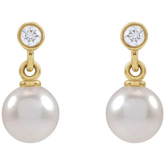 Pearl Drop Earrings With 5MM Akoya Pearls and Diamonds In 14 Karat Yellow Gold, 1/2 Inch