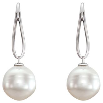 Pearl Drop Earrings With 12MM Freshwater Cultured Pearls In 14 Karat White Gold, 1 Inch
