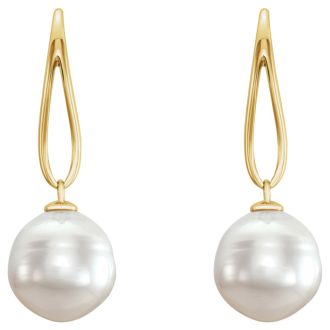 Pearl Drop Earrings With 12MM Freshwater Cultured Pearls In 14 Karat Yellow Gold, 1 Inch