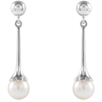 Pearl Drop Earrings With 6.5MM Freshwater Cultured Pearls In 14 Karat White Gold, 1 Inch