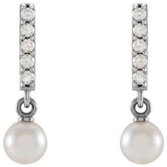Pearl Drop Earrings With 4MM Akoya Pearls and Diamonds In 14 Karat White Gold, 1/2 Inch