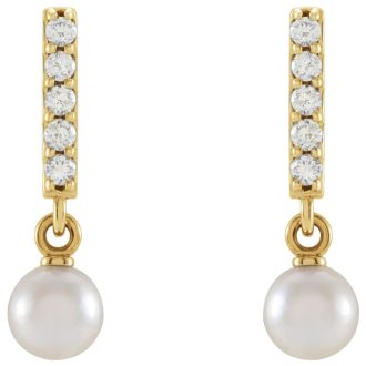 Pearl Drop Earrings With 4MM Akoya Pearls and Diamonds In 14 Karat Yellow Gold, 1/2 Inch
