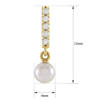 Pearl Drop Earrings With 4MM Akoya Pearls and Diamonds In 14 Karat Yellow Gold, 1/2 Inch