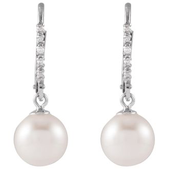 Pearl Drop Earrings With 7MM Freshwater Cultured Pearls and Diamonds In 14 Karat White Gold, 1/2 Inch