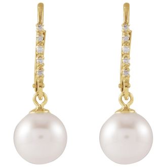 Pearl Drop Earrings With 7MM Freshwater Cultured Pearls and Diamonds In 14 Karat Yellow Gold, 1/2 Inch
