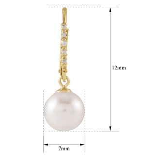 Pearl Drop Earrings With 7MM Freshwater Cultured Pearls and Diamonds In 14 Karat Yellow Gold, 1/2 Inch