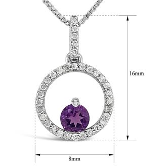 1/2 Carat Round Shape Amethyst and Halo Diamond Necklace In Sterling Silver With 18 Inch Chain